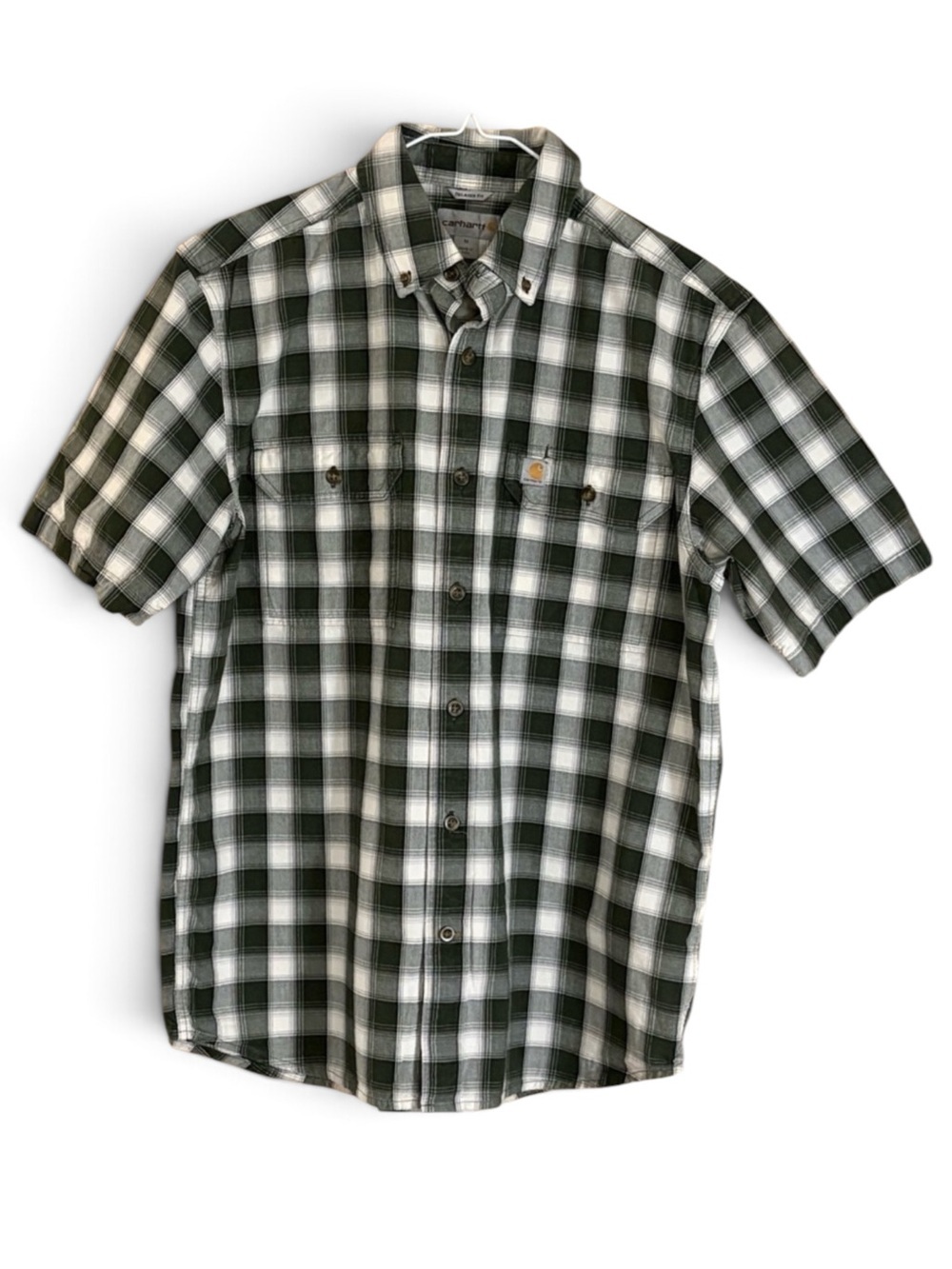 Carhartt Men's Green and White Plaid Short Sleeve Button Down Shirt